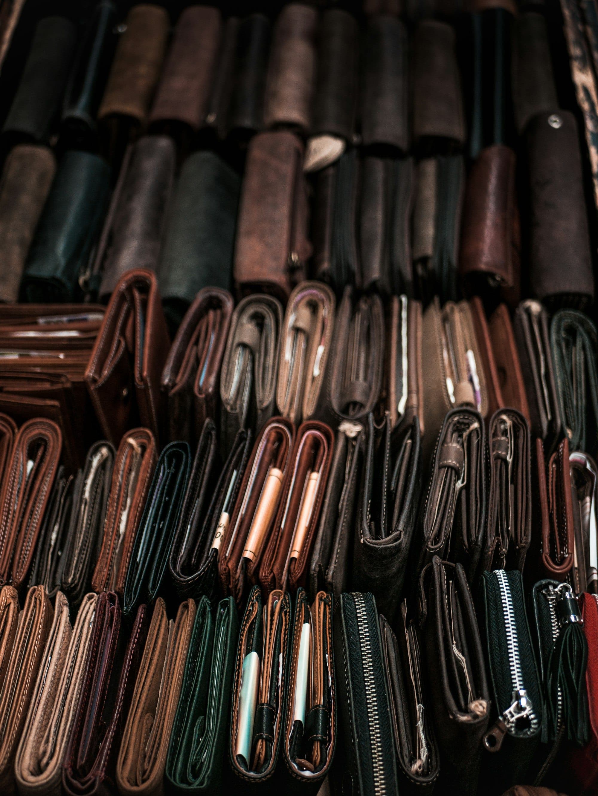 Finished leather goods stacked on the production floor